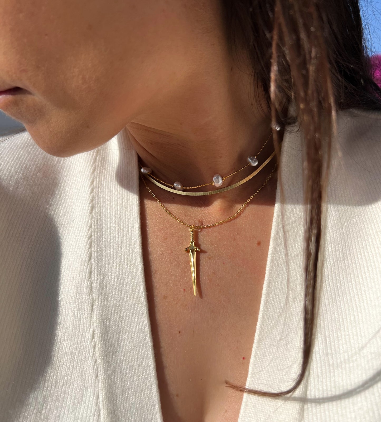 gold sword layering necklace