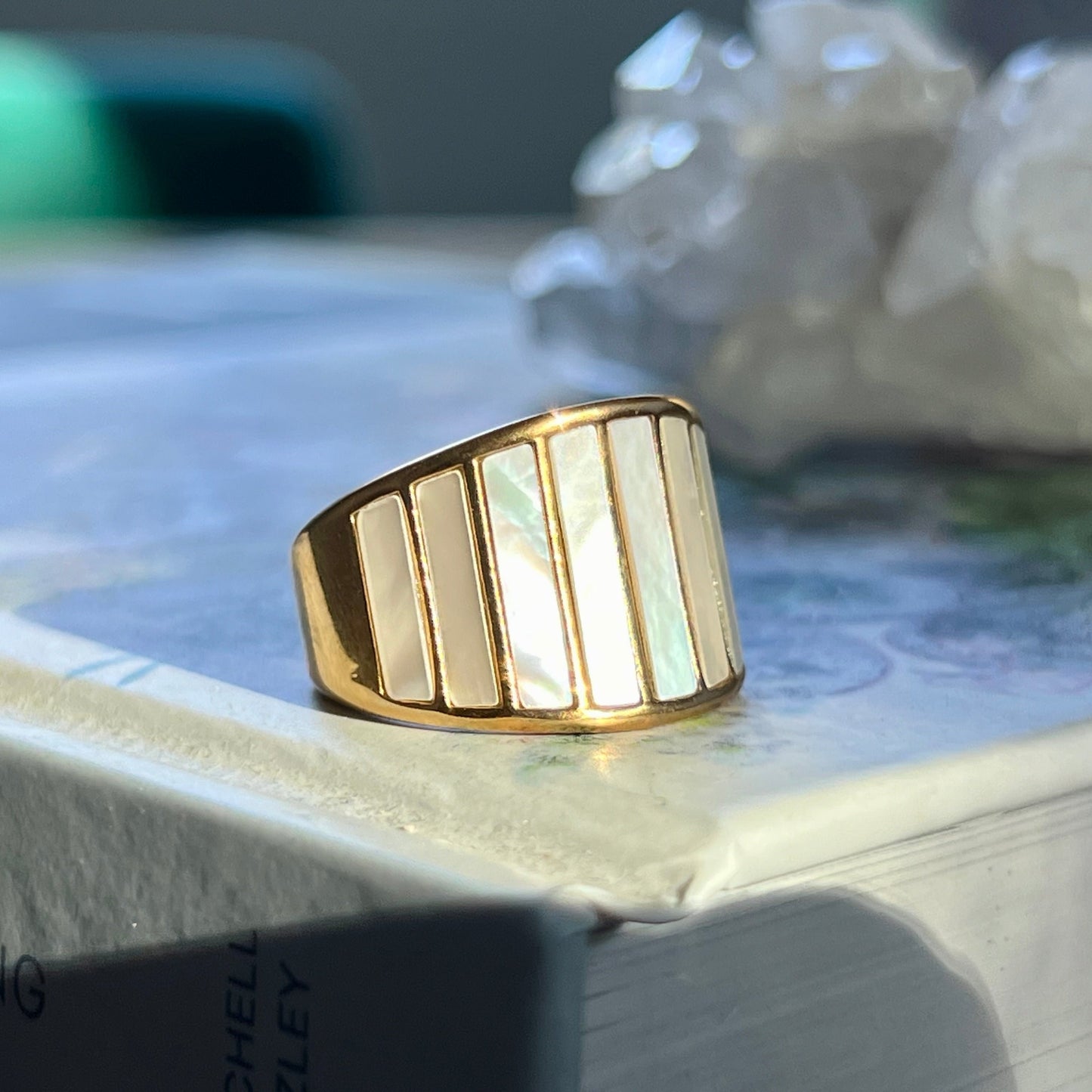 gold white shell statement ring