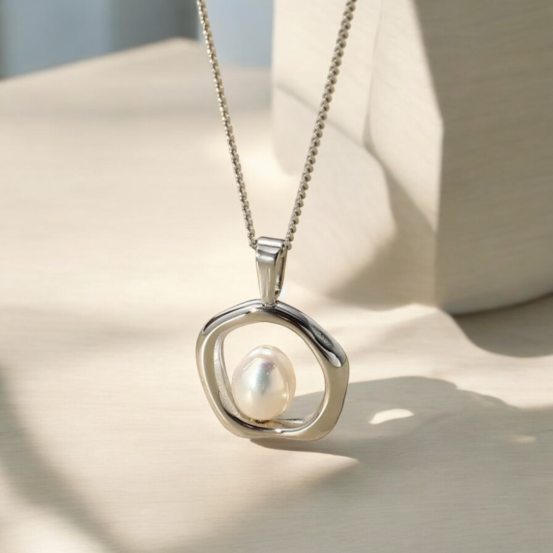silver modern pearl pendant